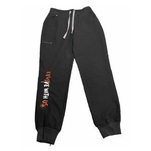 black FIGS Zamora jogger scrub pants custom "EVOLVE WITH US" graphic size small